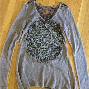 Long-sleeve bedazzled lace panel top
